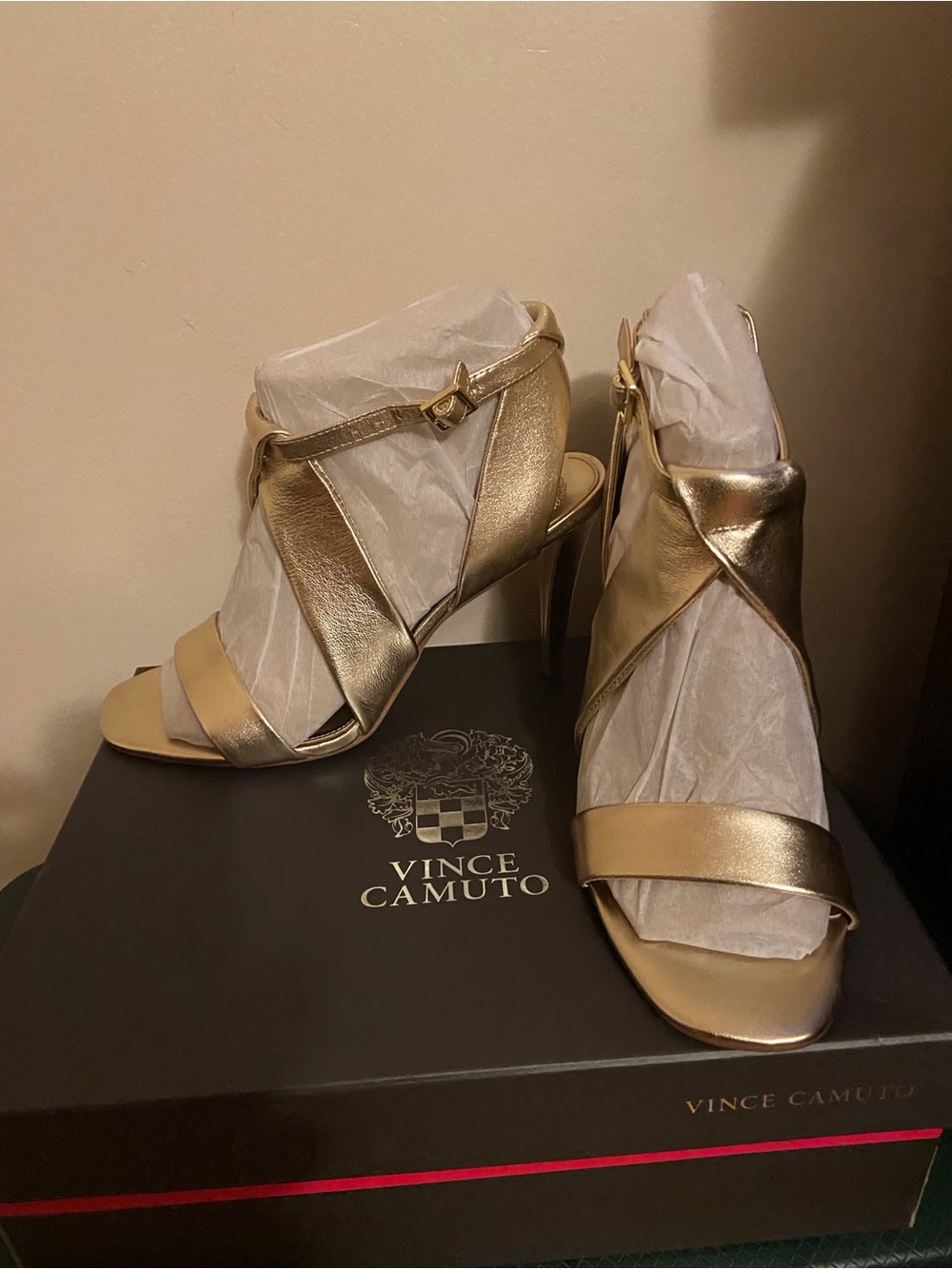 Vince Camuto Metallic Gold Strappy Stiletto Sandals